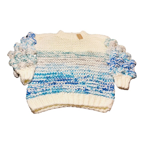 8605 NWT Pom Pom white blue knit party sweater accent sleeve sz medium large - Picture 1 of 6